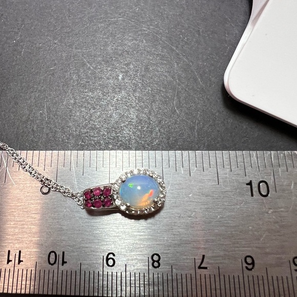 Ethiopian opal, ruby and zircon pendant and chain in platinum over sterling - Picture 12 of 14
